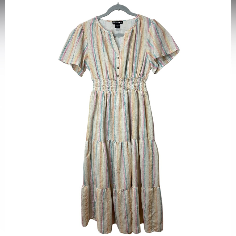 Dress Naoo Boho Maxi Dress Multicolor Striped Smocked Waist  SZ M  EUC